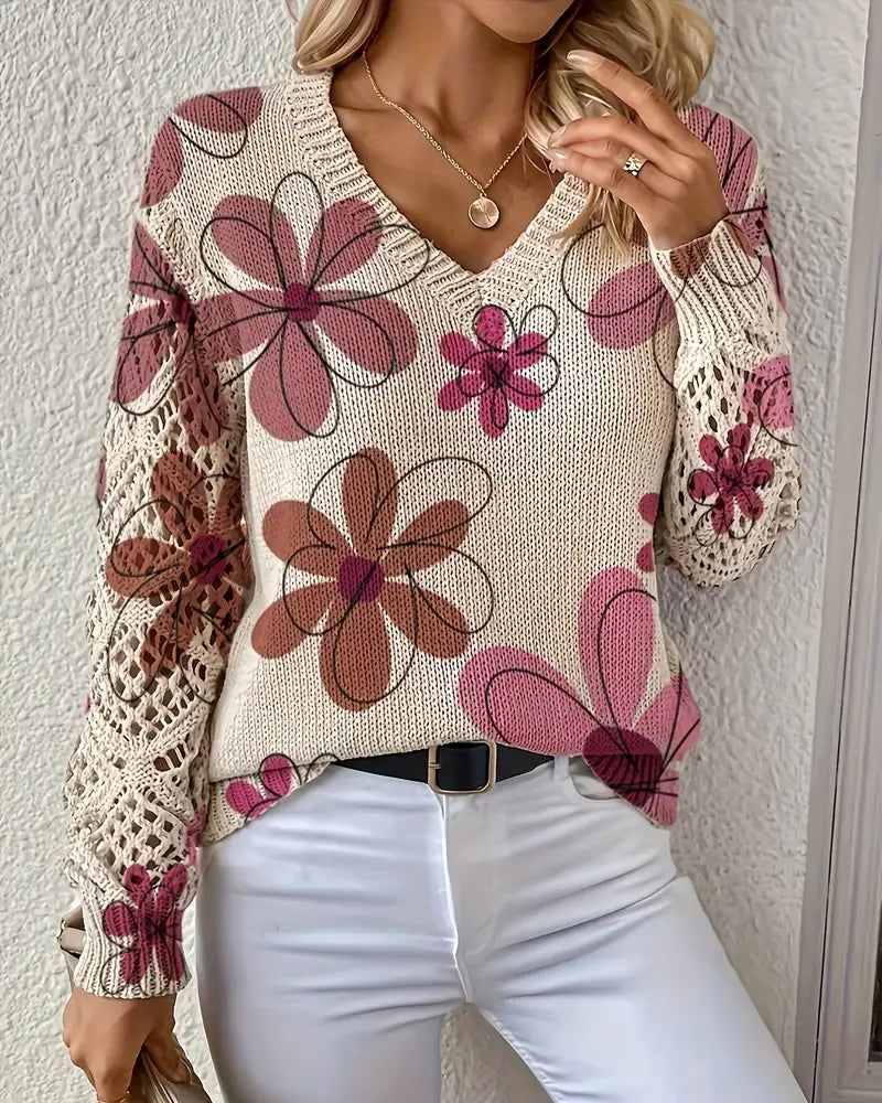 Pullover Damen beige figurbetont mit V-Ausschnitt und Blumenmuster - 7 - Atelier-Zofia