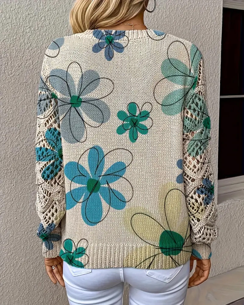 Pullover Damen beige figurbetont mit V-Ausschnitt und Blumenmuster - 8 - Atelier-Zofia