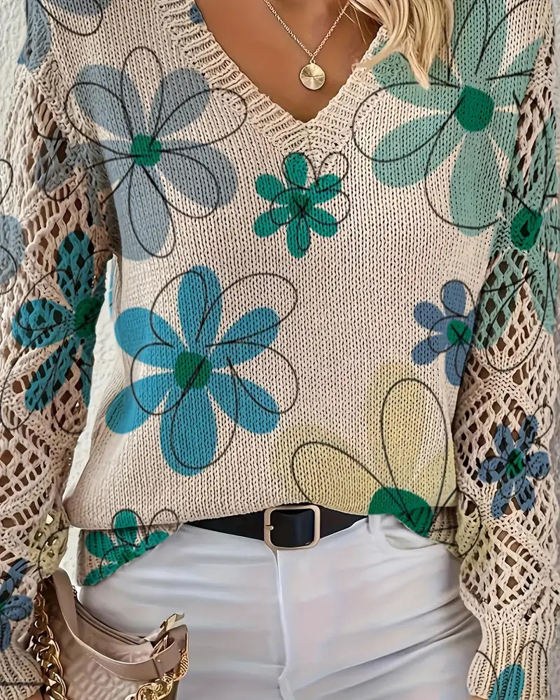 Pullover Damen beige figurbetont mit V-Ausschnitt und Blumenmuster - 9 - Atelier-Zofia