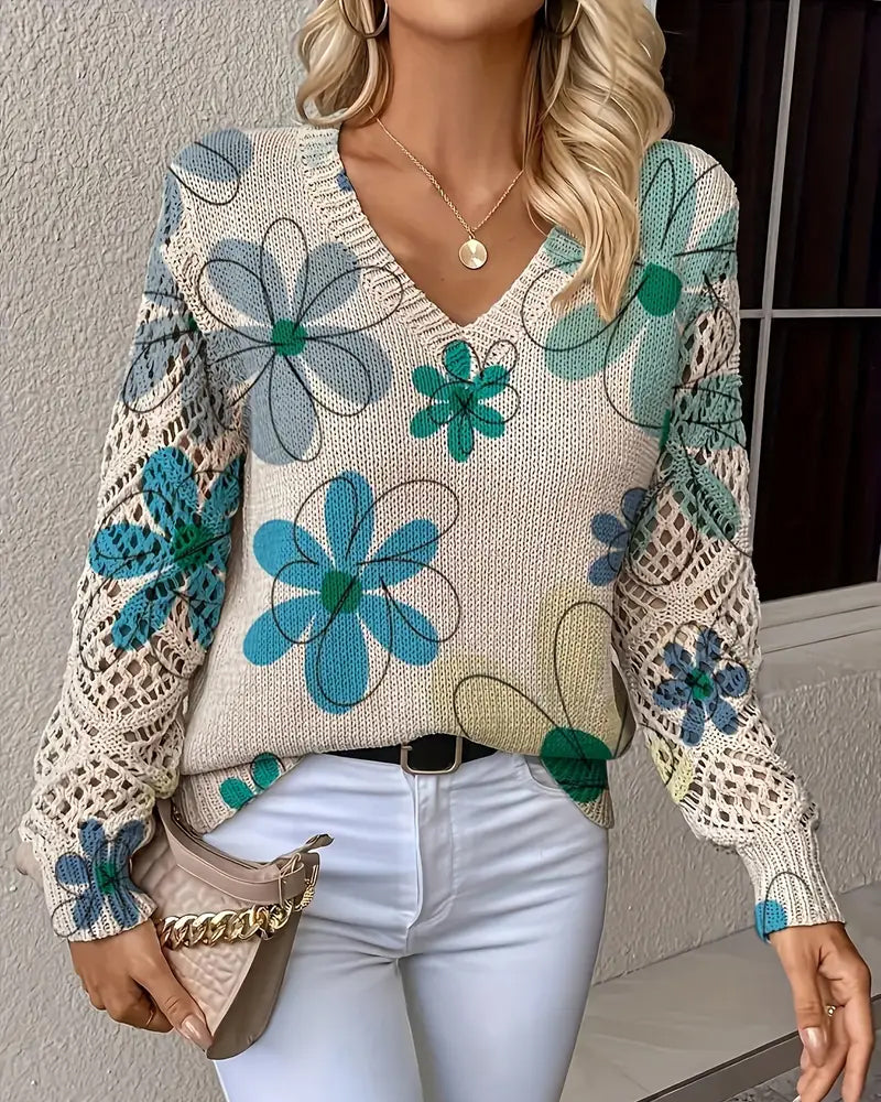 Pullover Damen beige figurbetont mit V-Ausschnitt und Blumenmuster - 10 - Atelier-Zofia