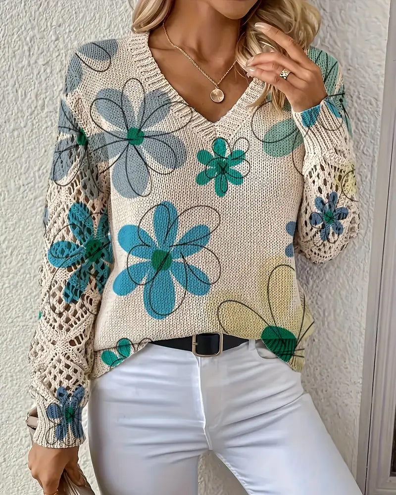 Pullover Damen beige figurbetont mit V-Ausschnitt und Blumenmuster - 11 - Atelier-Zofia
