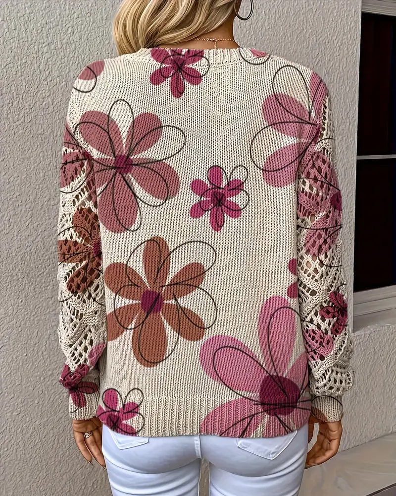 Pullover Damen beige figurbetont mit V-Ausschnitt und Blumenmuster - 13 - Atelier-Zofia