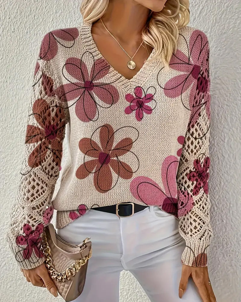 Pullover Damen beige figurbetont mit V-Ausschnitt und Blumenmuster - 14 - Atelier-Zofia