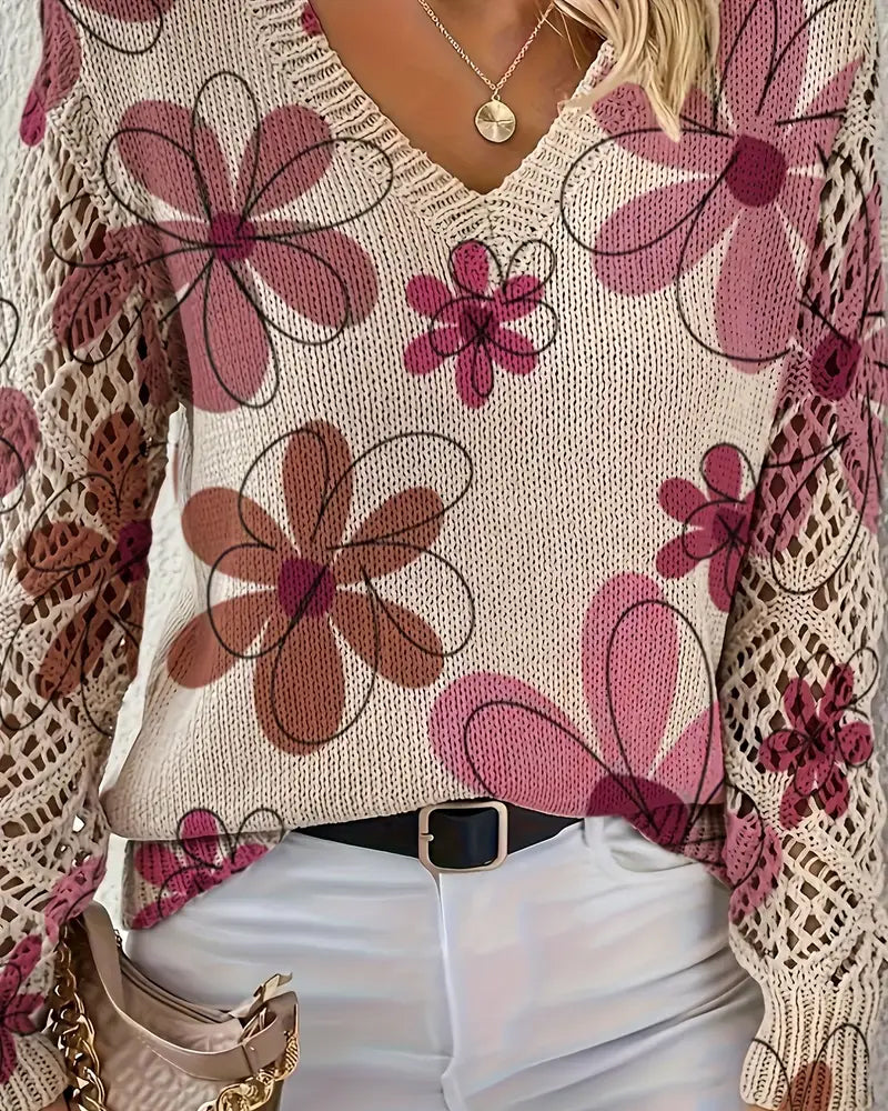 Pullover Damen beige figurbetont mit V-Ausschnitt und Blumenmuster - 15 - Atelier-Zofia