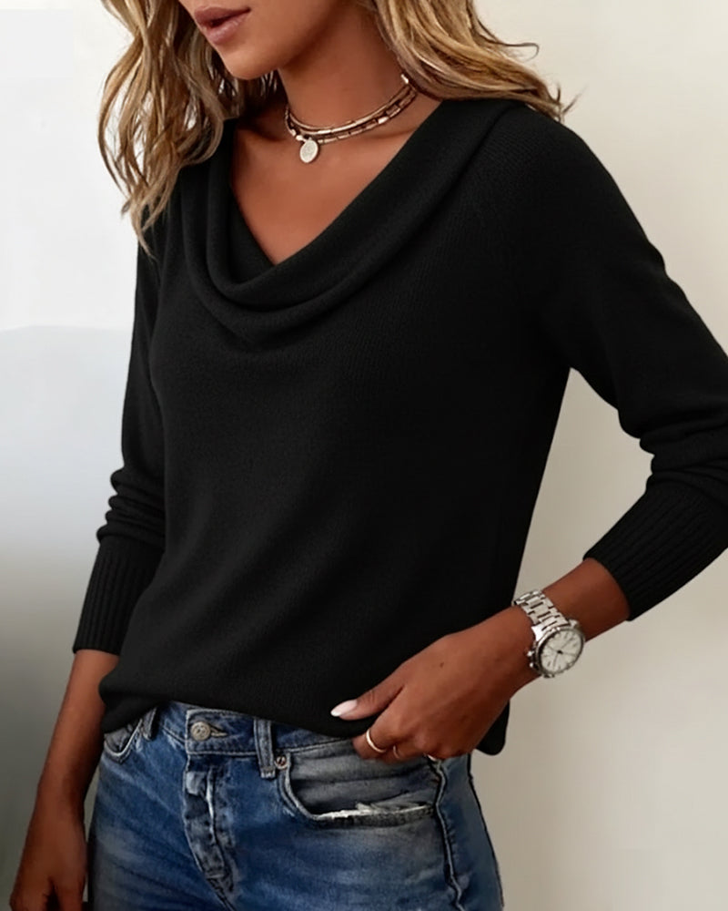 Pullover Damen schwarz figurbetont mit Wasserfall-Ausschnitt - 2 - Atelier-Zofia