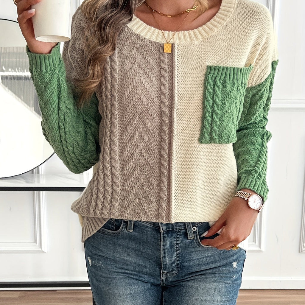 Pullover Damen grün-beige mit Zopfmuster und lockerer Passform - 1 - Atelier-Zofia