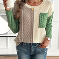 Pullover Damen grün-beige mit Zopfmuster und lockerer Passform - 1 - Atelier-Zofia