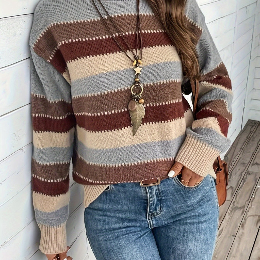 Pullover Damen grau-braun gestreift mit weitem Schnitt - 1 - Atelier-Zofia