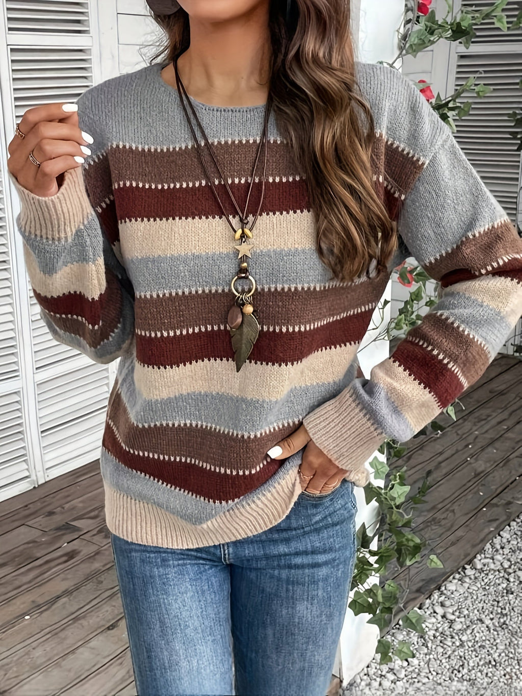 Pullover Damen grau-braun gestreift mit weitem Schnitt - 4 - Atelier-Zofia