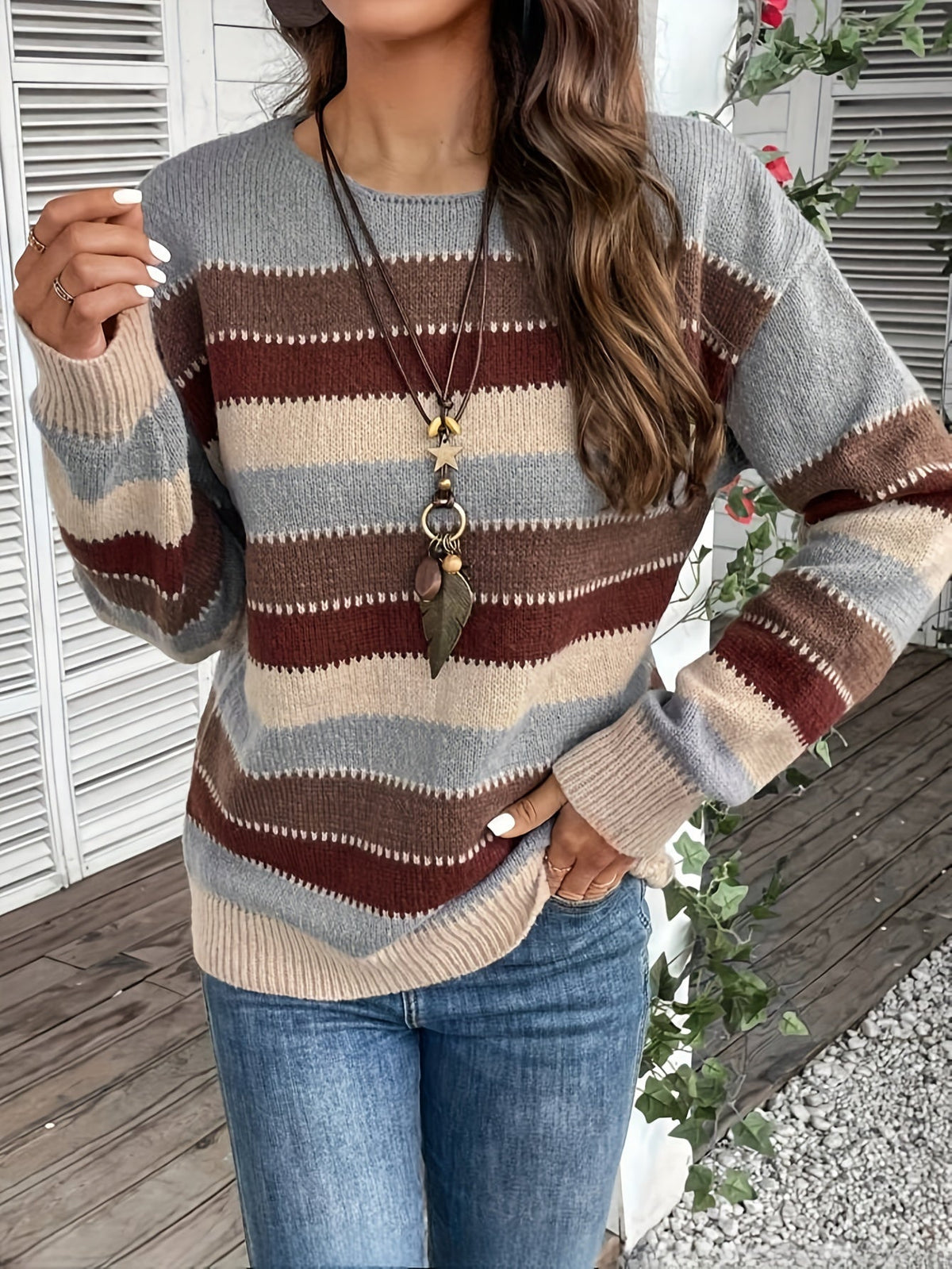 Pullover Damen grau-braun gestreift mit weitem Schnitt - 4 - Atelier-Zofia