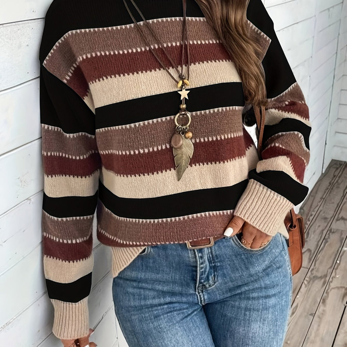 Pullover Damen grau-braun gestreift mit weitem Schnitt - 5 - Atelier-Zofia