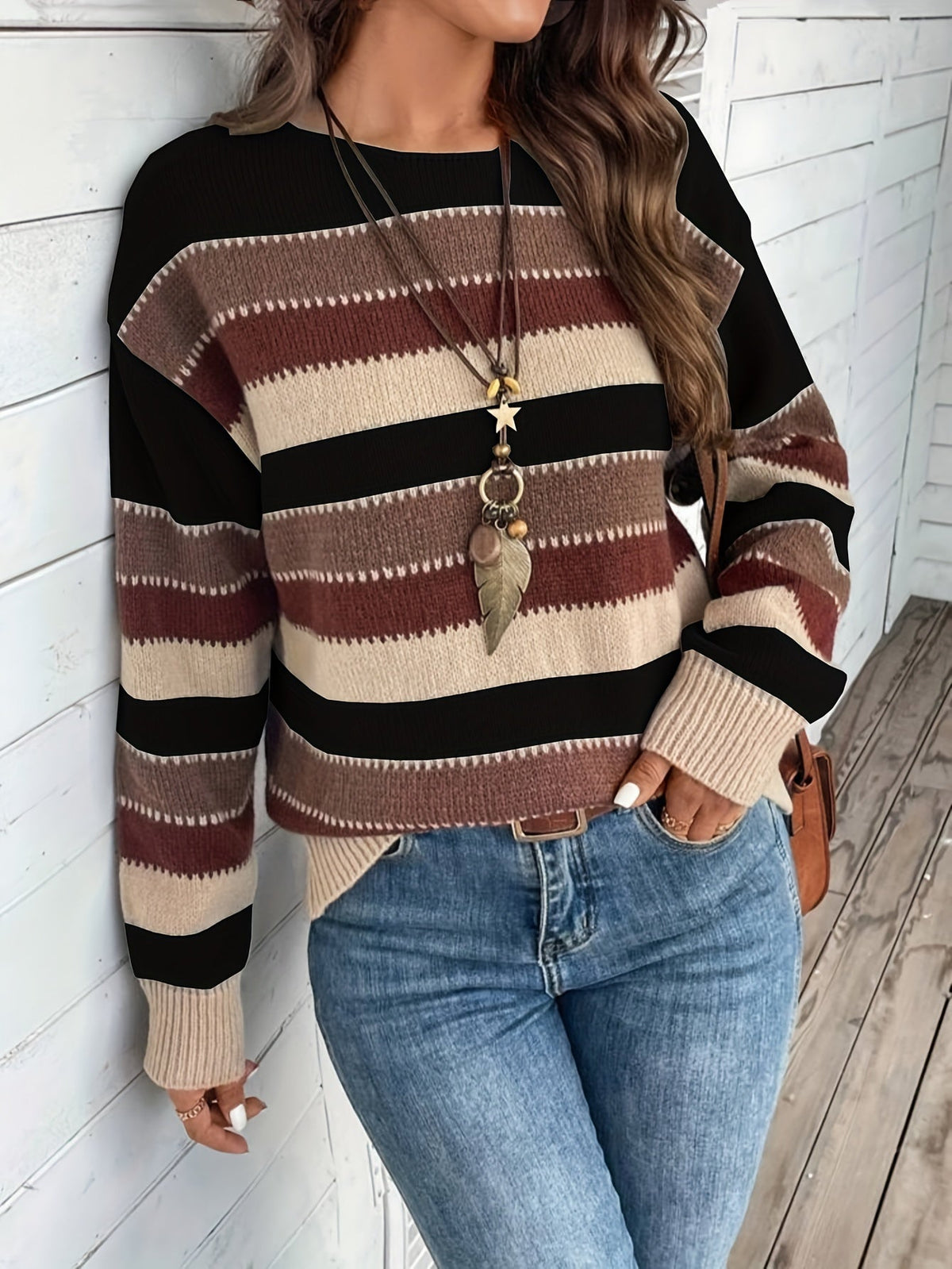 Pullover Damen grau-braun gestreift mit weitem Schnitt - 6 - Atelier-Zofia