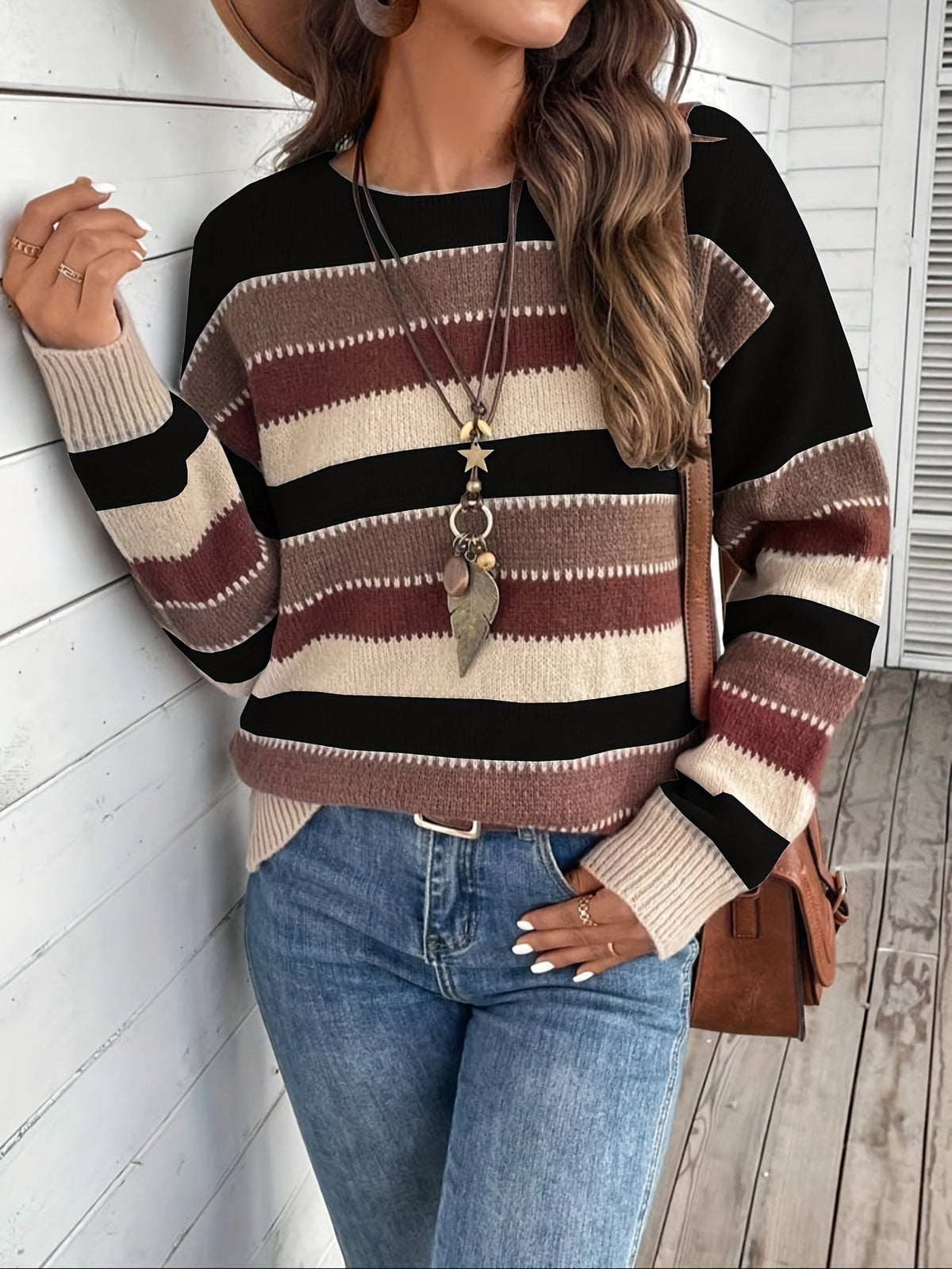 Pullover Damen grau-braun gestreift mit weitem Schnitt - 8 - Atelier-Zofia
