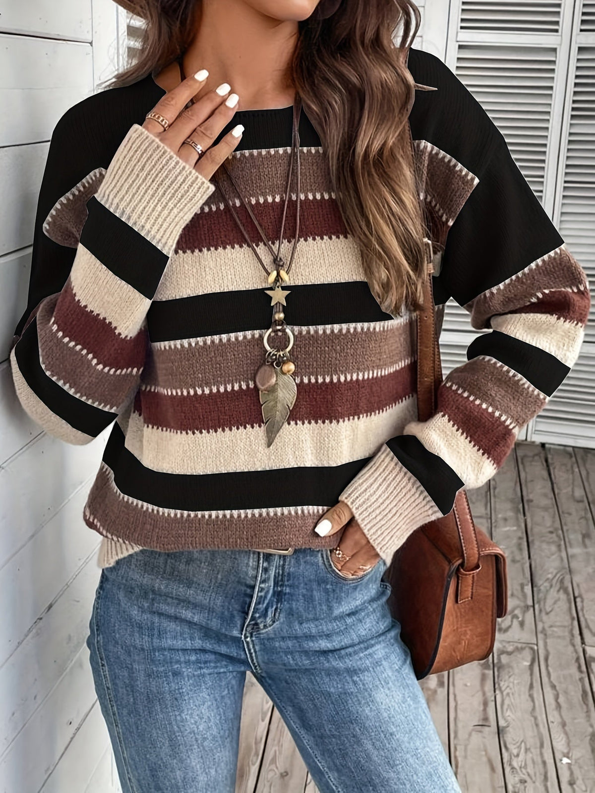 Pullover Damen grau-braun gestreift mit weitem Schnitt - 9 - Atelier-Zofia