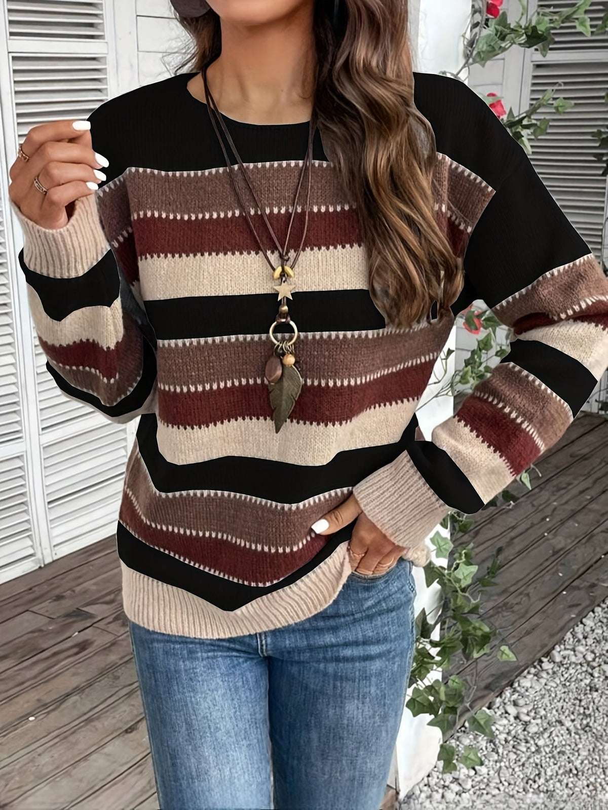 Pullover Damen grau-braun gestreift mit weitem Schnitt - 10 - Atelier-Zofia