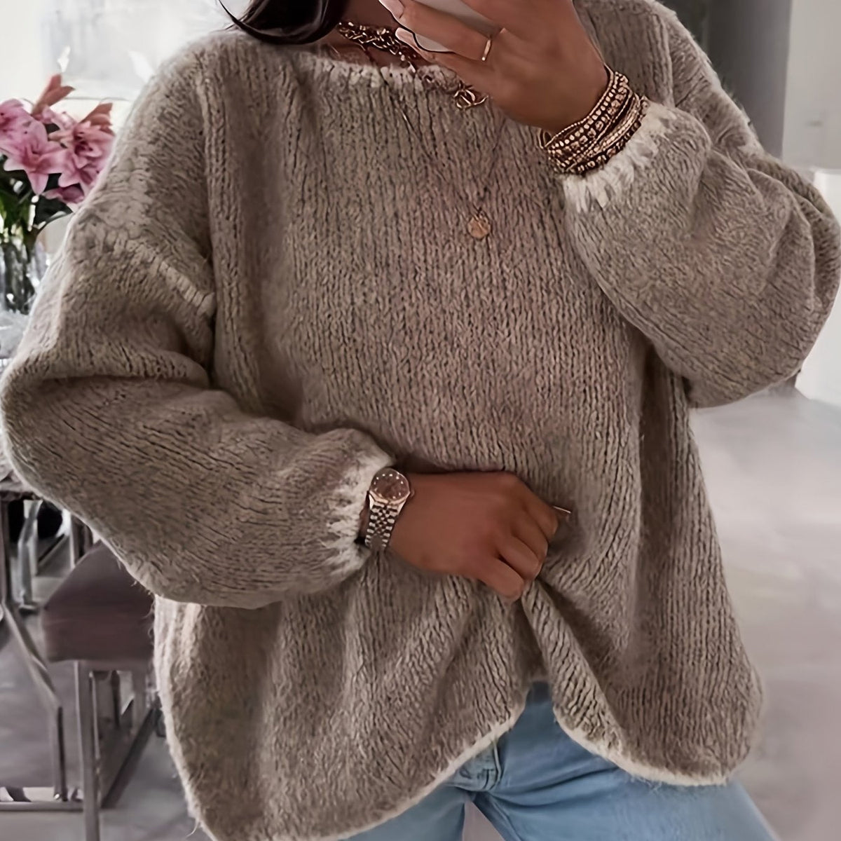Pullover Damen beige lässig mit weitem Schnitt - 1 - Atelier-Zofia