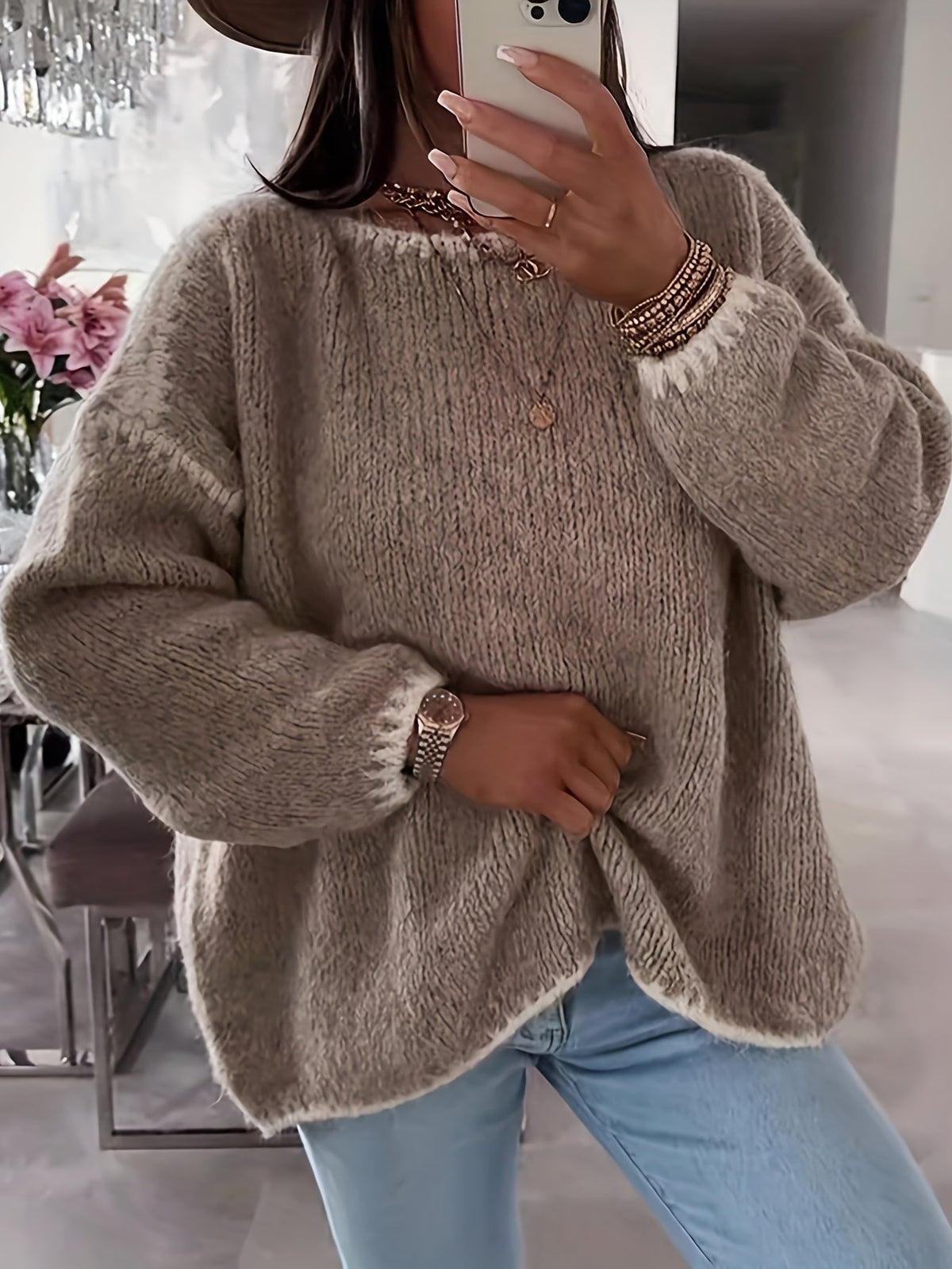 Pullover Damen beige lässig mit weitem Schnitt - 2 - Atelier-Zofia
