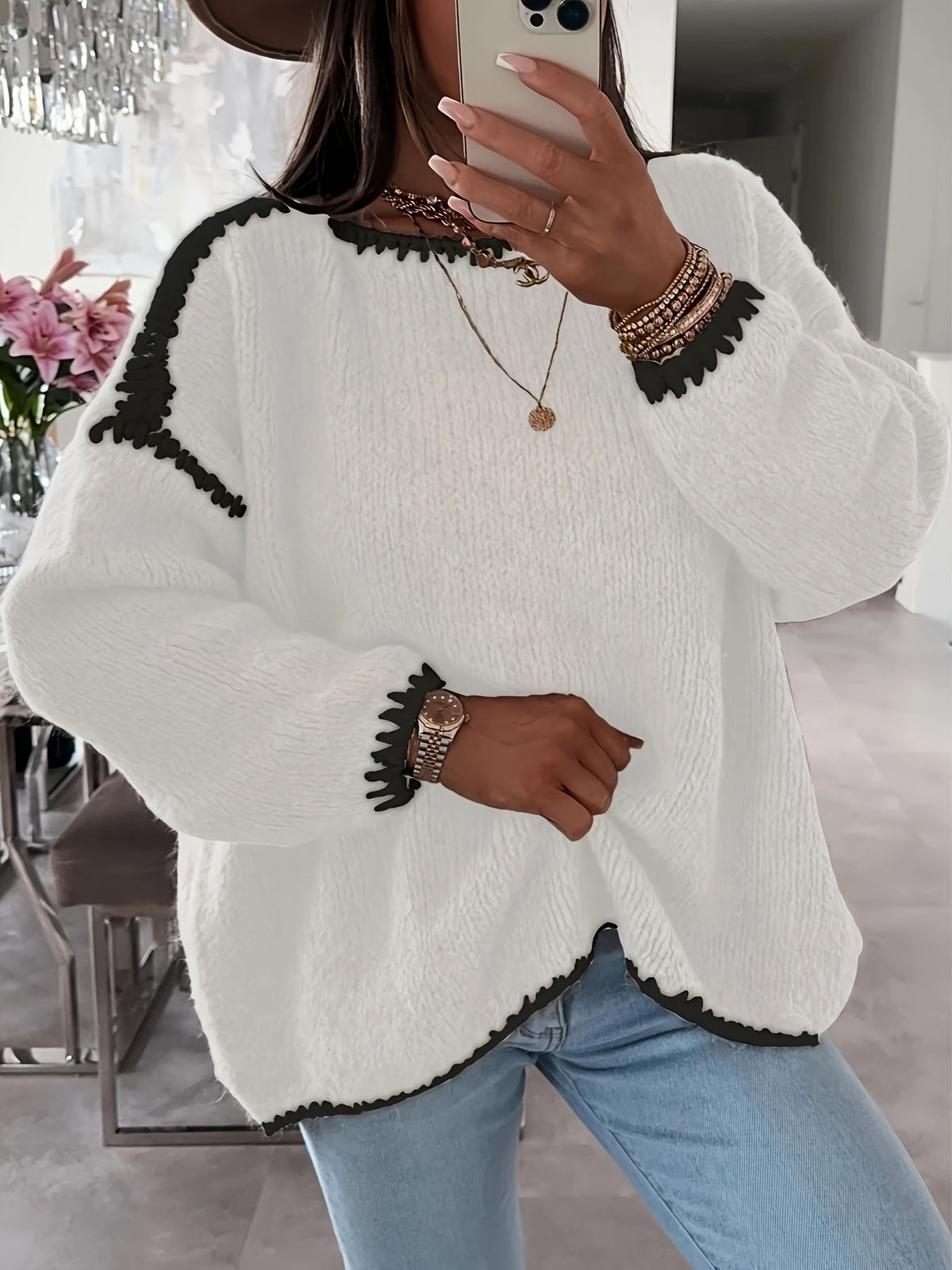 Pullover Damen beige lässig mit weitem Schnitt - 6 - Atelier-Zofia