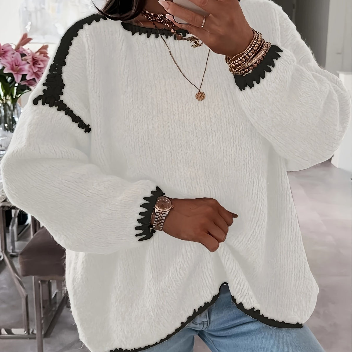 Pullover Damen beige lässig mit weitem Schnitt - 10 - Atelier-Zofia