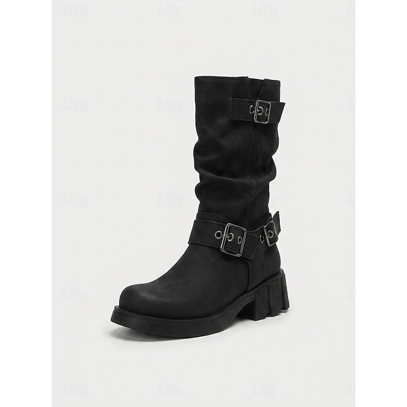 Bikerstiefel Damen schwarz figurbetont mit Gürtelschnalle - 2 - Atelier-Zofia