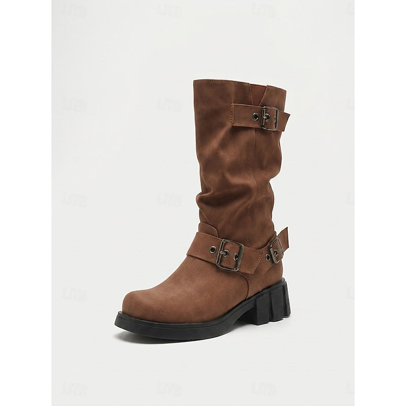 Bikerstiefel Damen schwarz figurbetont mit Gürtelschnalle - 10 - Atelier-Zofia