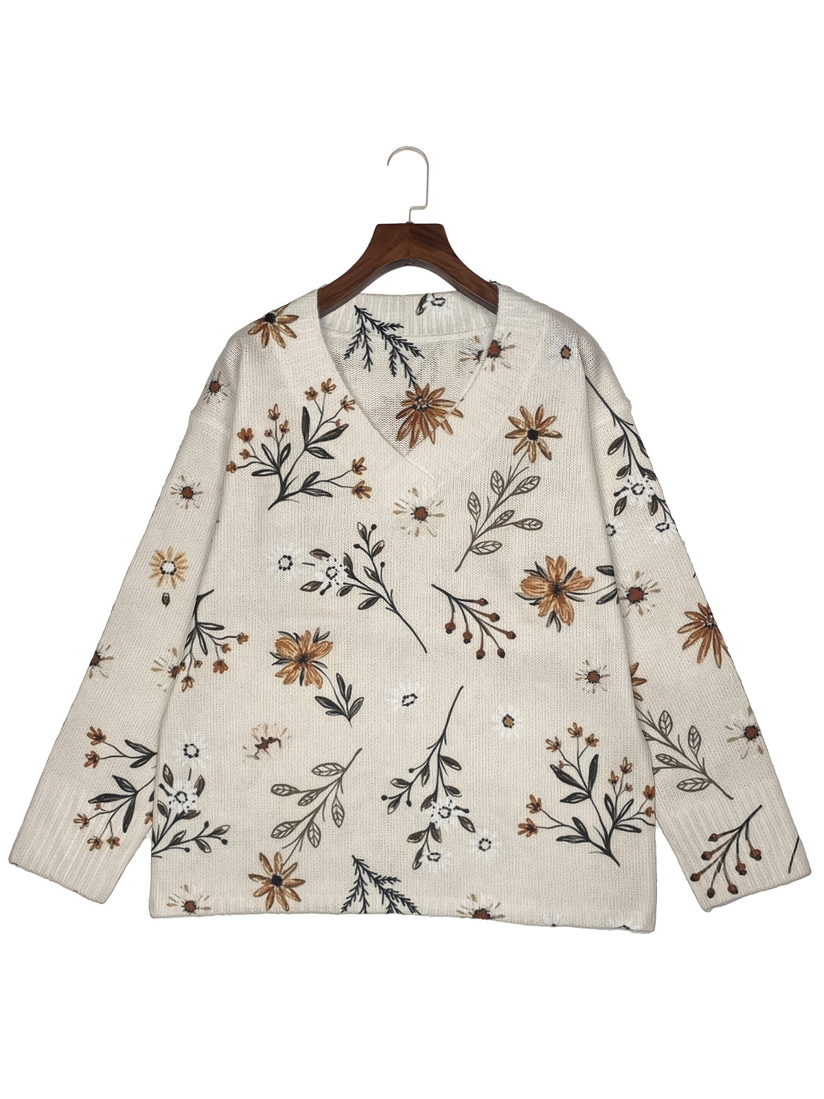 Pullover Damen beige figurbetont mit V-Ausschnitt und floralem Design - 4 - Atelier-Zofia