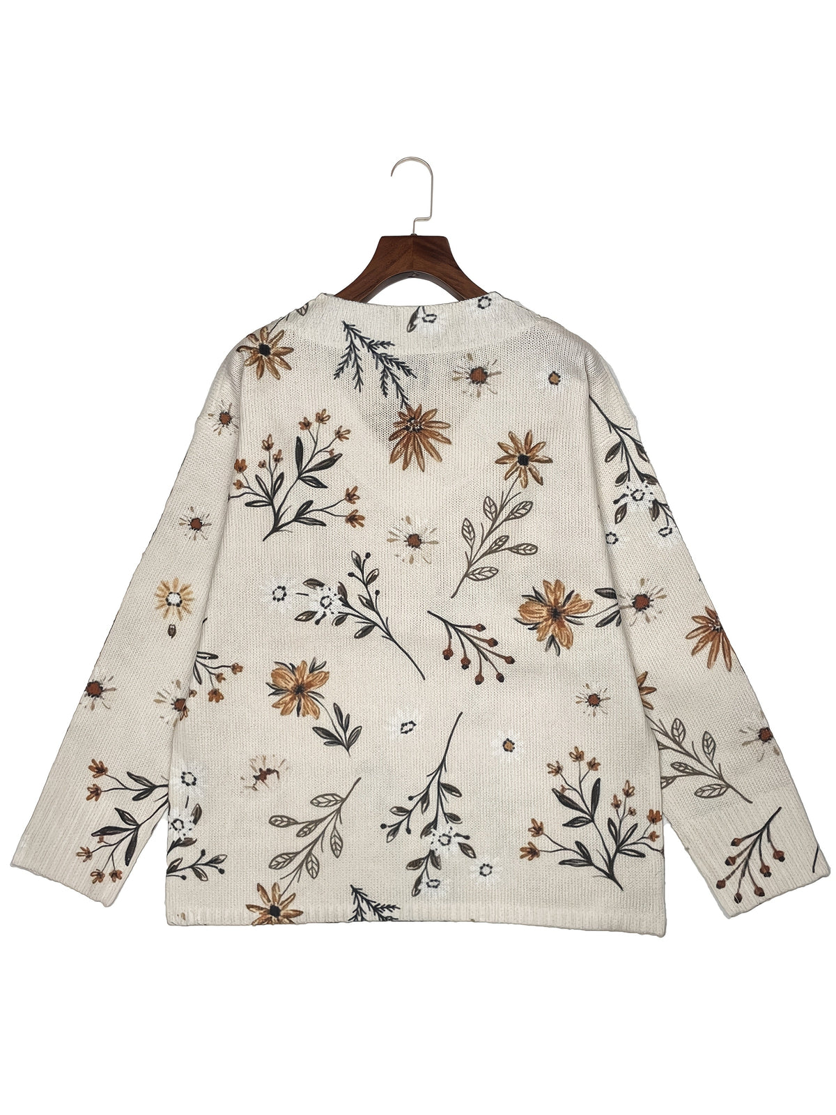 Pullover Damen beige figurbetont mit V-Ausschnitt und floralem Design - 5 - Atelier-Zofia