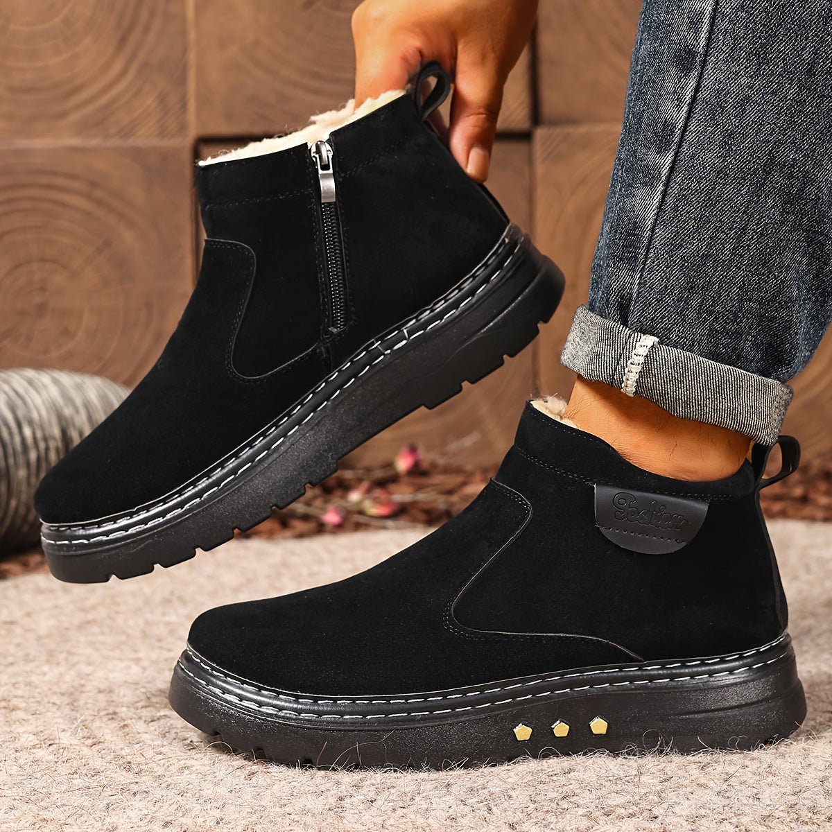 Damen Boots braun mit seitlichem Reißverschluss und flauschigem Innenfutter - 1 - Atelier-Zofia