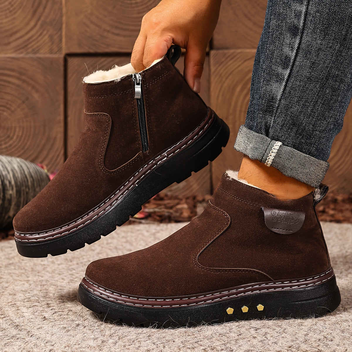 Damen Boots braun mit seitlichem Reißverschluss und flauschigem Innenfutter - 3 - Atelier-Zofia