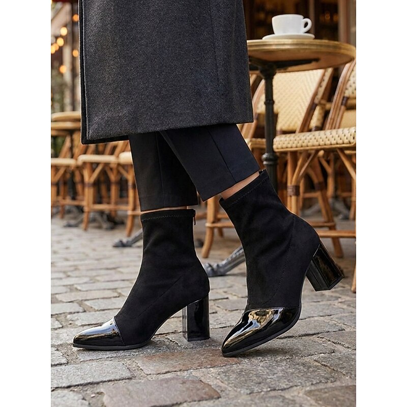 Stiefeletten Damen schwarz figurbetont mit glänzenden Schuhspitzen - 1 - Atelier-Zofia