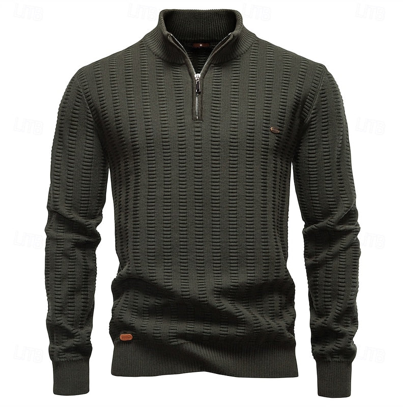 Pullover Herren olivgrün mit Stehkragen und Reißverschluss - 1 - Atelier-Zofia