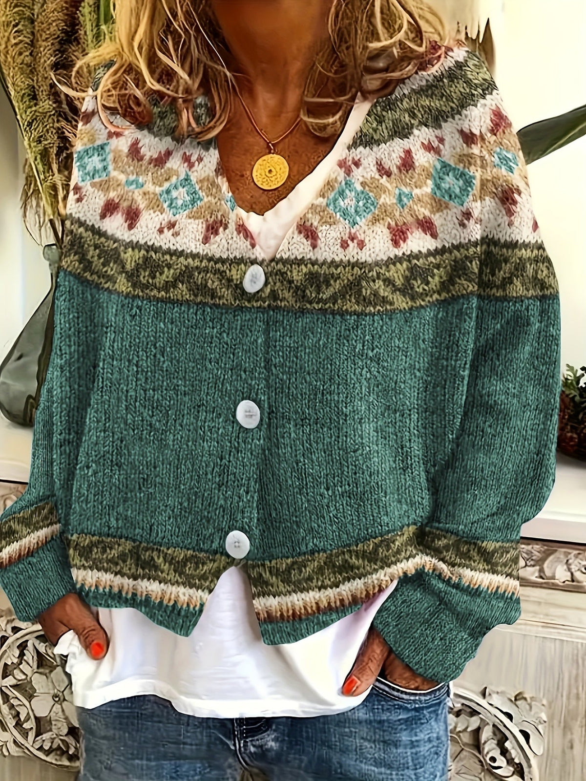 Cardigan Damen blau mit knöpfen und grafischem Muster - 6 - Atelier-Zofia