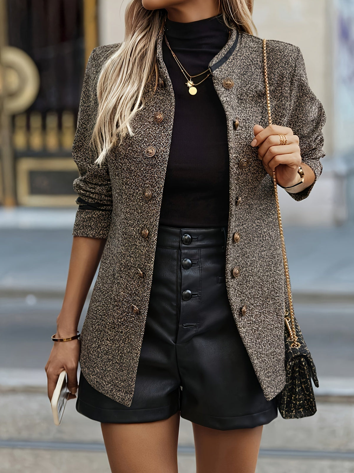 Blazer Damen braun tailliert mit Knopfleiste und langen Ärmeln - 3 - Atelier-Zofia
