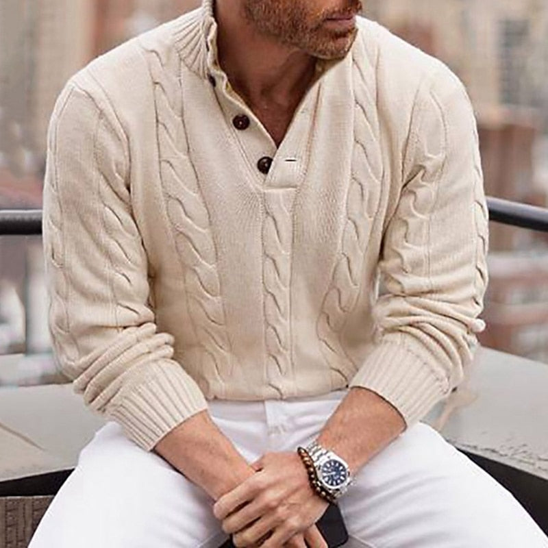 Pullover Herren beige mit Kabelstrick und Knopfleiste - 1 - Atelier-Zofia