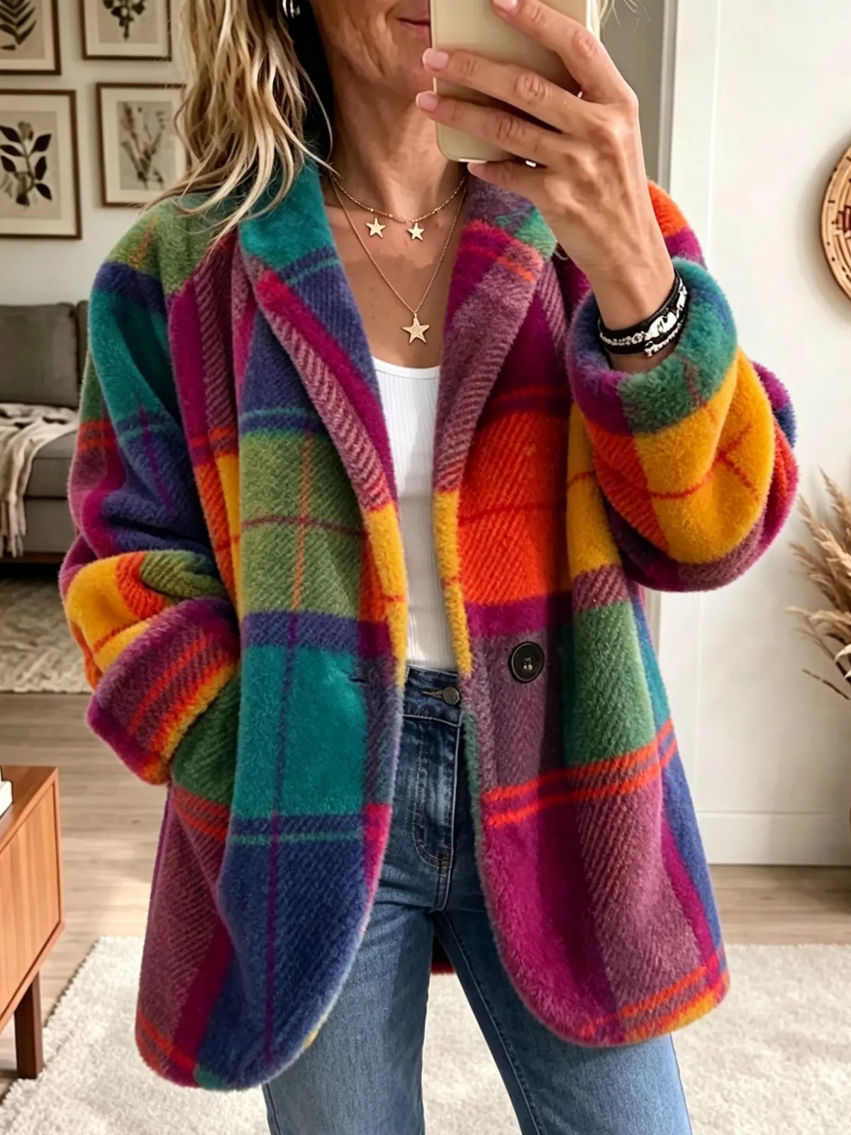 Jacke Damen bunt kariert mit Reverskragen und Knopf - 1 - Atelier-Zofia