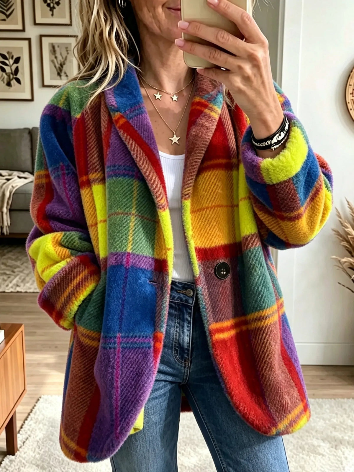 Jacke Damen bunt kariert mit Reverskragen und Knopf - 2 - Atelier-Zofia