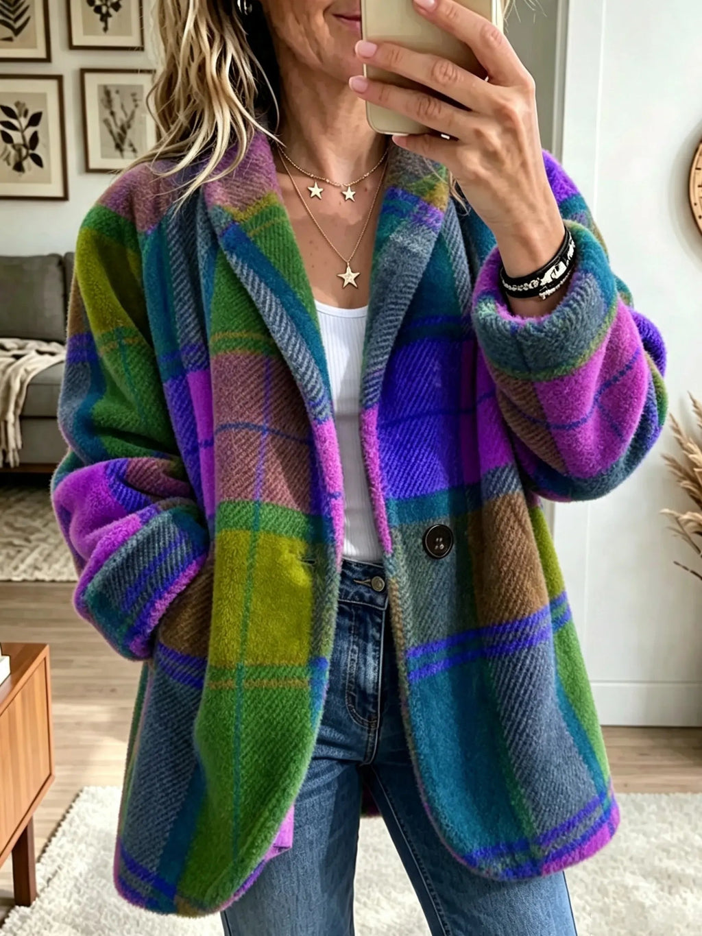 Jacke Damen bunt kariert mit Reverskragen und Knopf - 3 - Atelier-Zofia