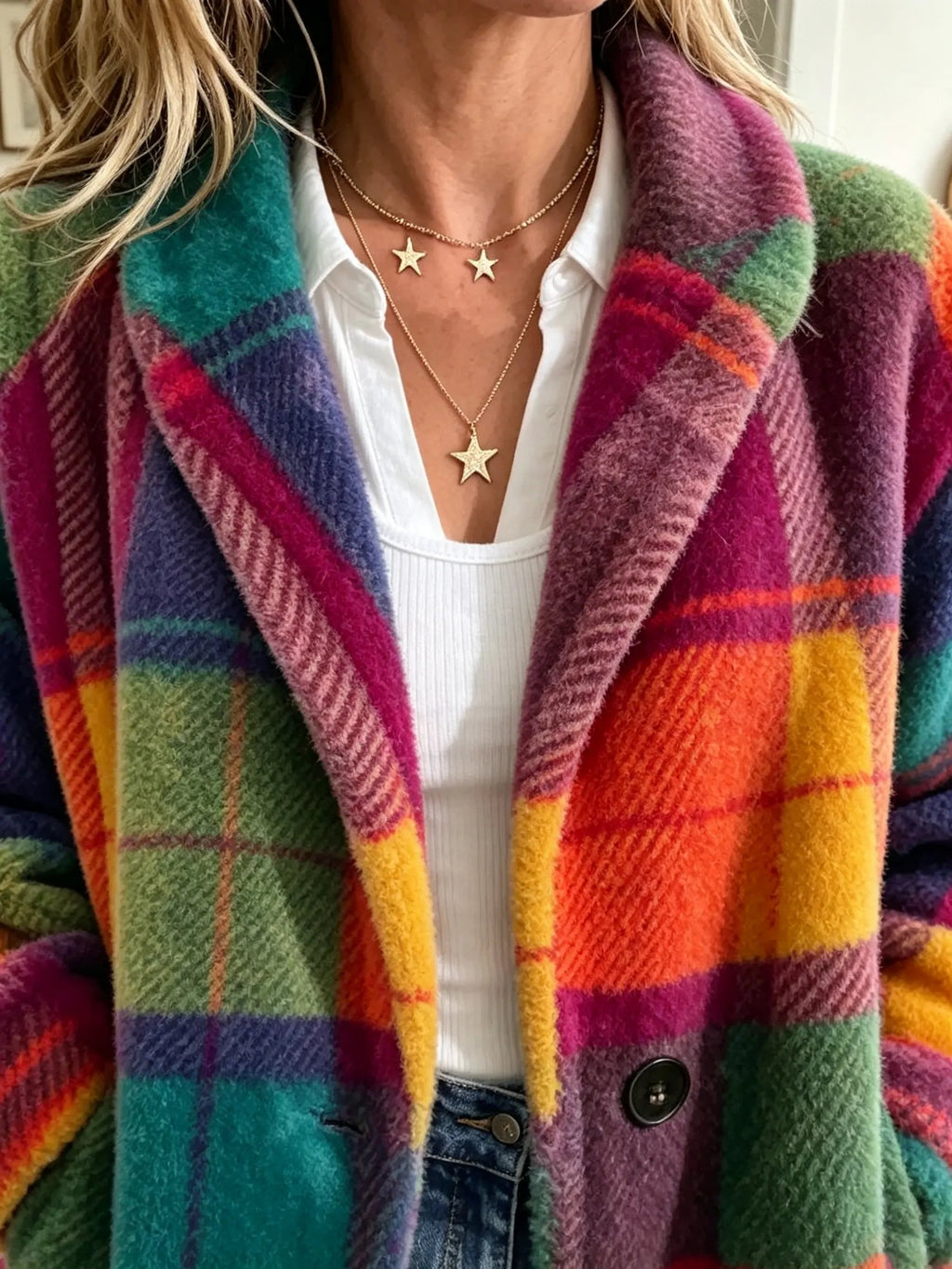 Jacke Damen bunt kariert mit Reverskragen und Knopf - 4 - Atelier-Zofia