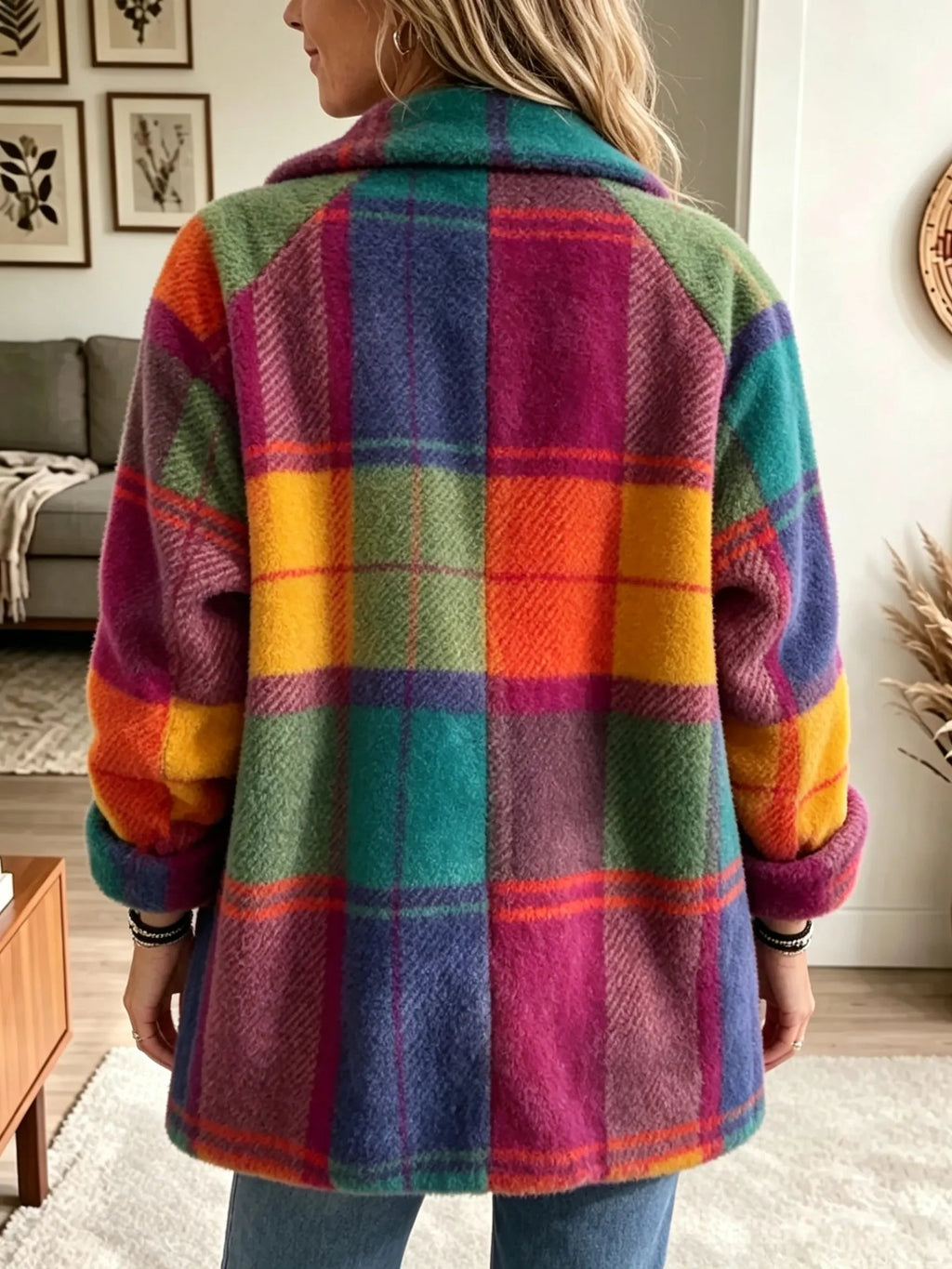 Jacke Damen bunt kariert mit Reverskragen und Knopf - 5 - Atelier-Zofia