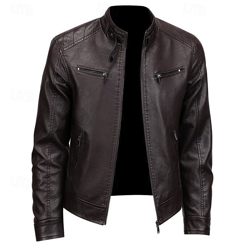 Lederjacke Herren schwarz tailliert mit Stehkragen und Reißverschlüssen - 1 - Atelier-Zofia