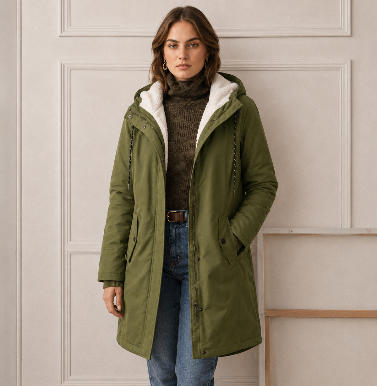 Damen Winterjacke olivgrün mit Kapuze und seitlichen Taschen - 6 - Atelier-Zofia
