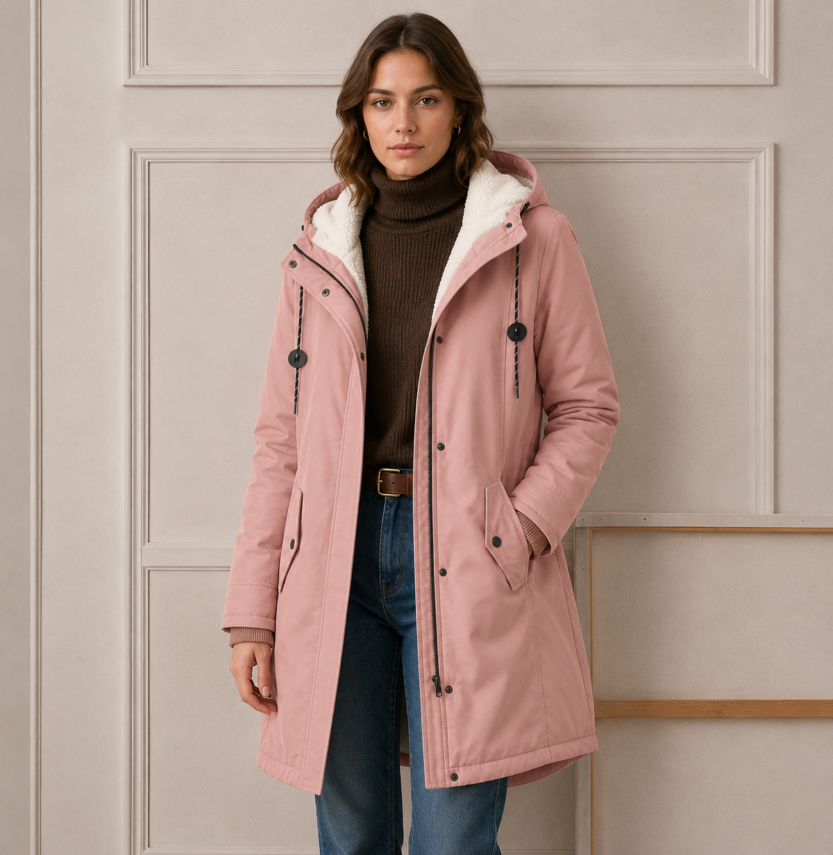 Damen Winterjacke olivgrün mit Kapuze und seitlichen Taschen - 7 - Atelier-Zofia