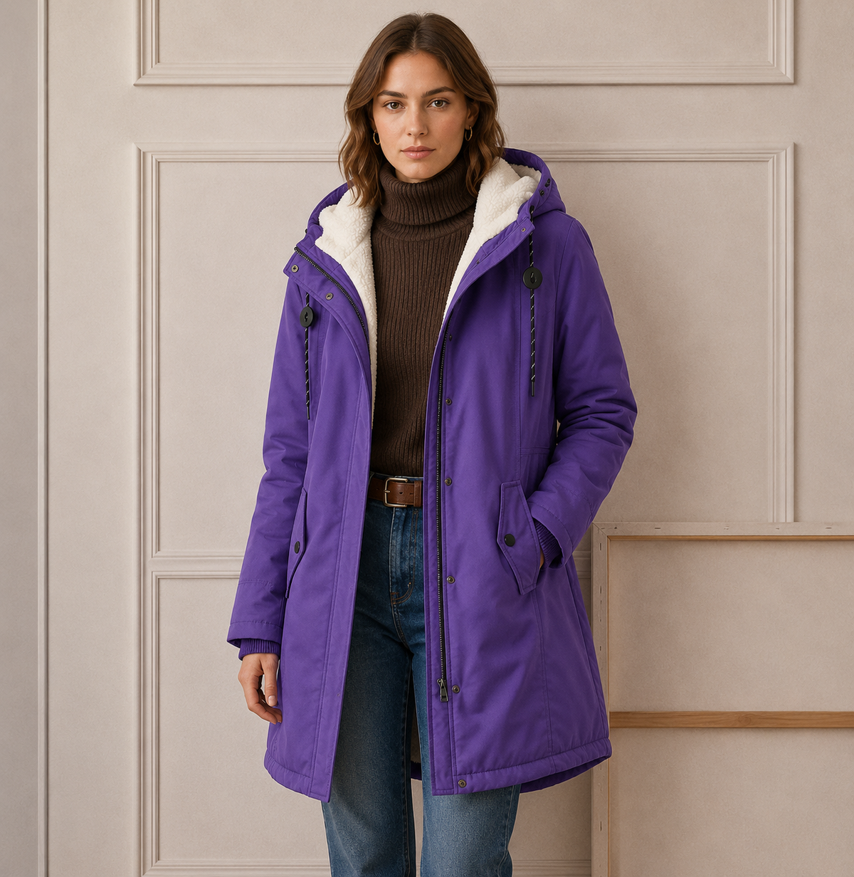 Damen Winterjacke olivgrün mit Kapuze und seitlichen Taschen - 8 - Atelier-Zofia