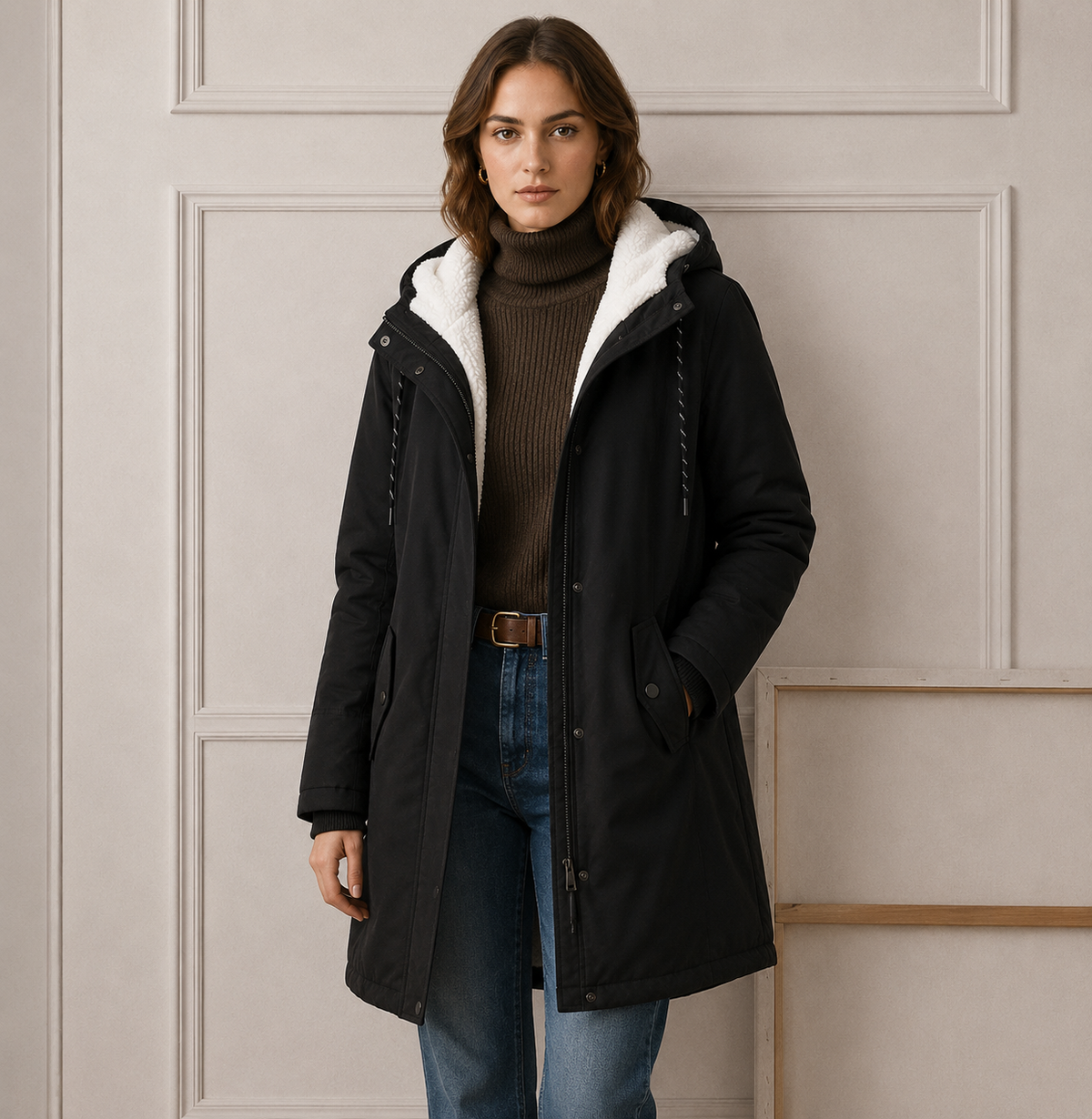 Damen Winterjacke olivgrün mit Kapuze und seitlichen Taschen - 9 - Atelier-Zofia