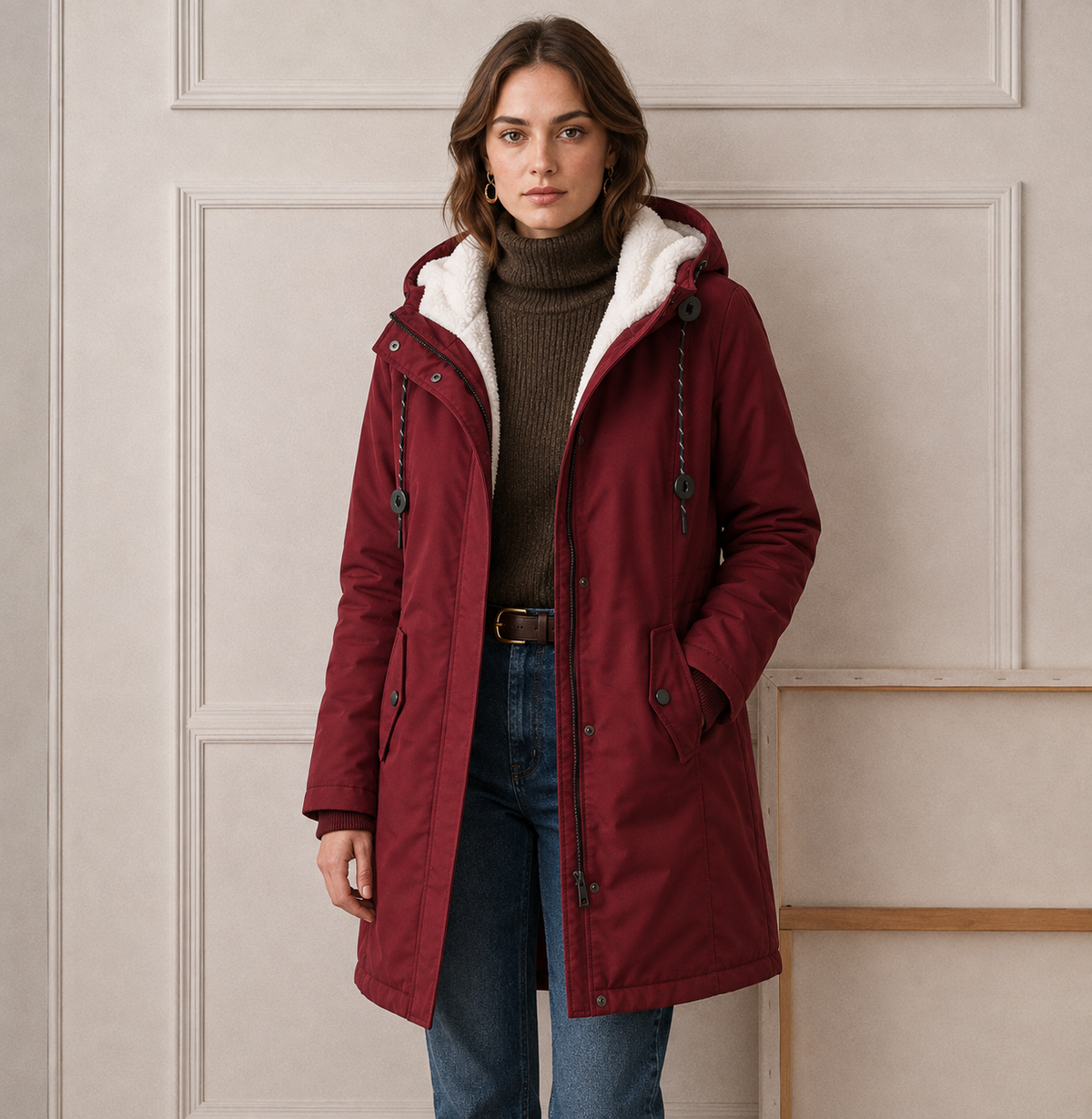 Damen Winterjacke olivgrün mit Kapuze und seitlichen Taschen - 10 - Atelier-Zofia