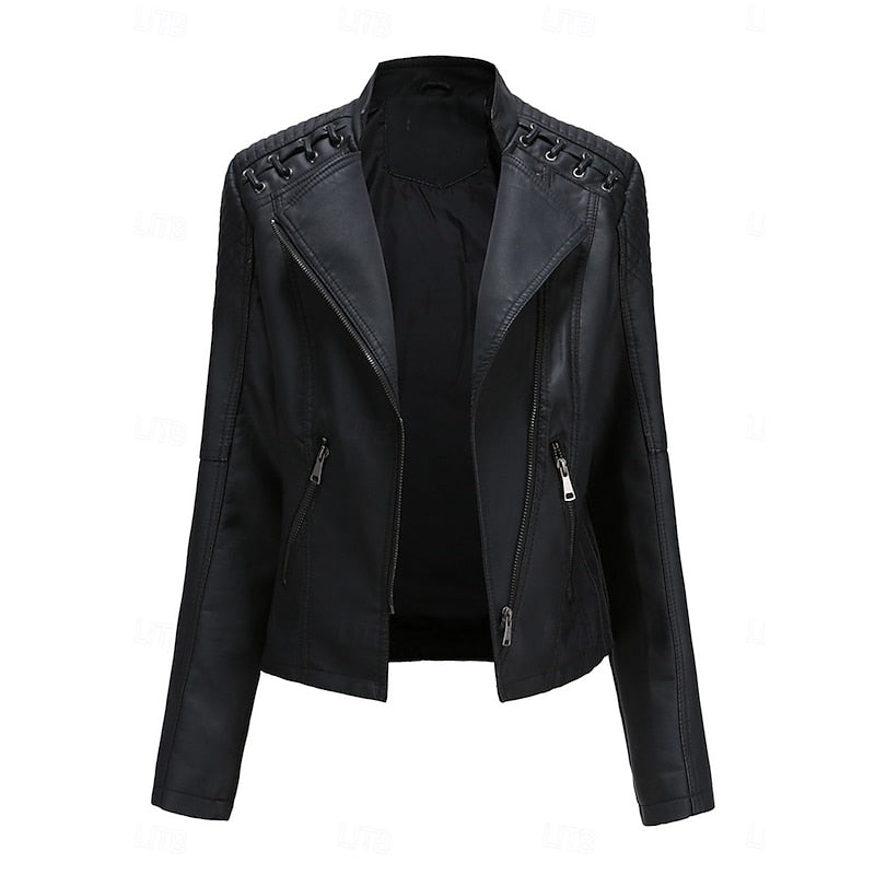 Bikerjacke Damen schwarz figurbetont mit Reißverschluss und Steppdetails - 1 - Atelier-Zofia
