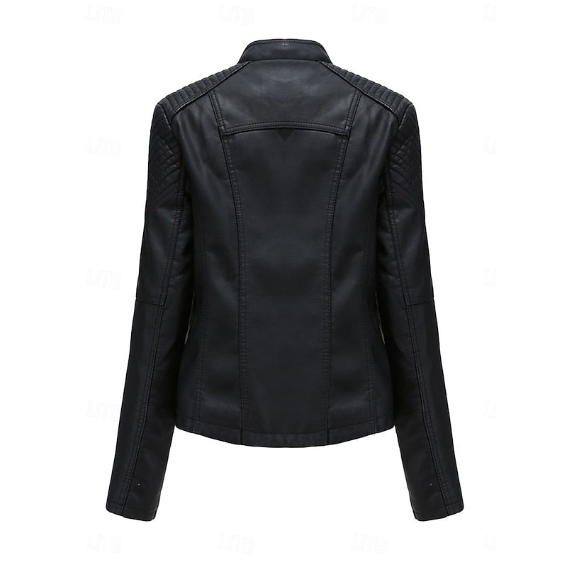 Bikerjacke Damen schwarz figurbetont mit Reißverschluss und Steppdetails - 2 - Atelier-Zofia