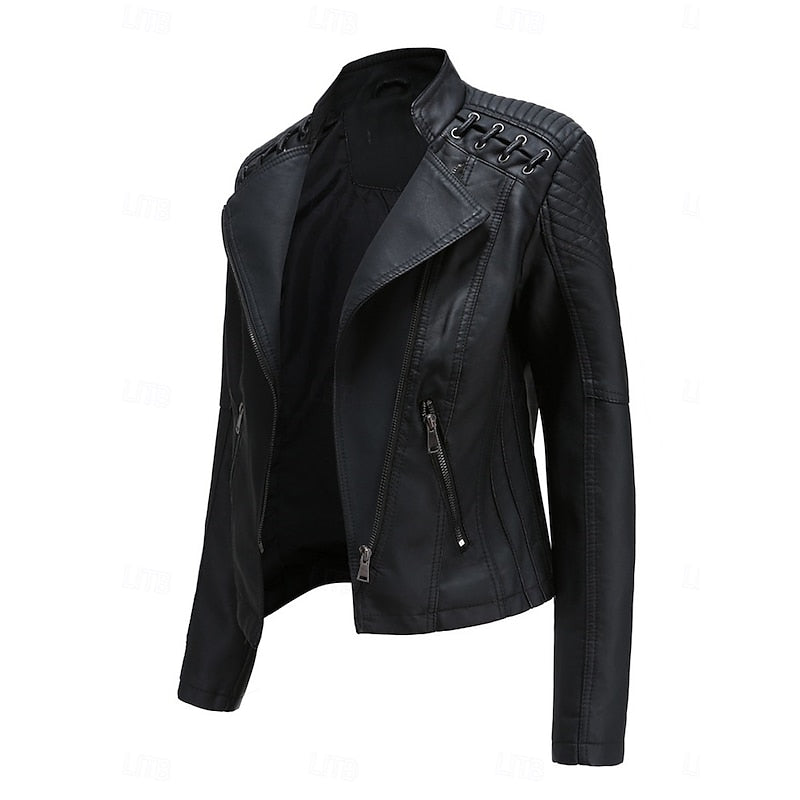 Bikerjacke Damen schwarz figurbetont mit Reißverschluss und Steppdetails - 3 - Atelier-Zofia