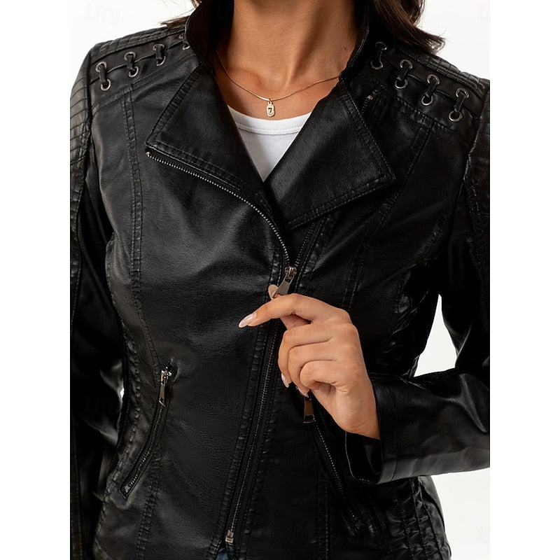 Bikerjacke Damen schwarz figurbetont mit Reißverschluss und Steppdetails - 4 - Atelier-Zofia
