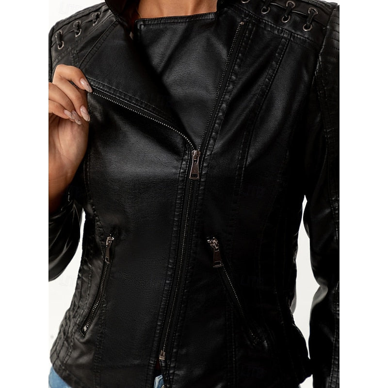 Bikerjacke Damen schwarz figurbetont mit Reißverschluss und Steppdetails - 5 - Atelier-Zofia